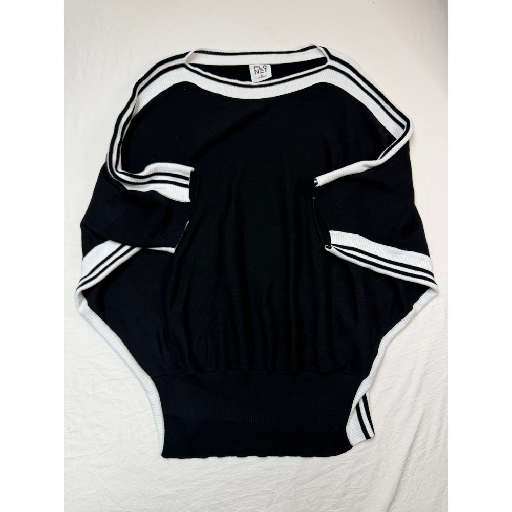 Planet by Lauren G Black White Striped Batwing Knit Top Boat Neck One Size